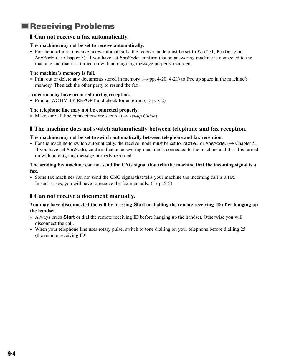 Receiving problems | Canon FAX-L400 User Manual | Page 83 / 110