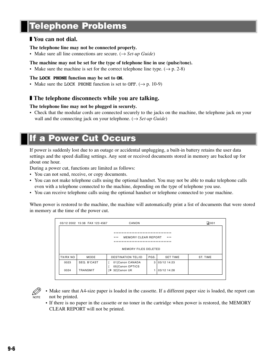 Telephone problems, If a power cut occurs, If a power cut occurs telephone problems | You can not dial, The telephone disconnects while you are talking | Canon FAX-L400 User Manual | Page 85 / 110