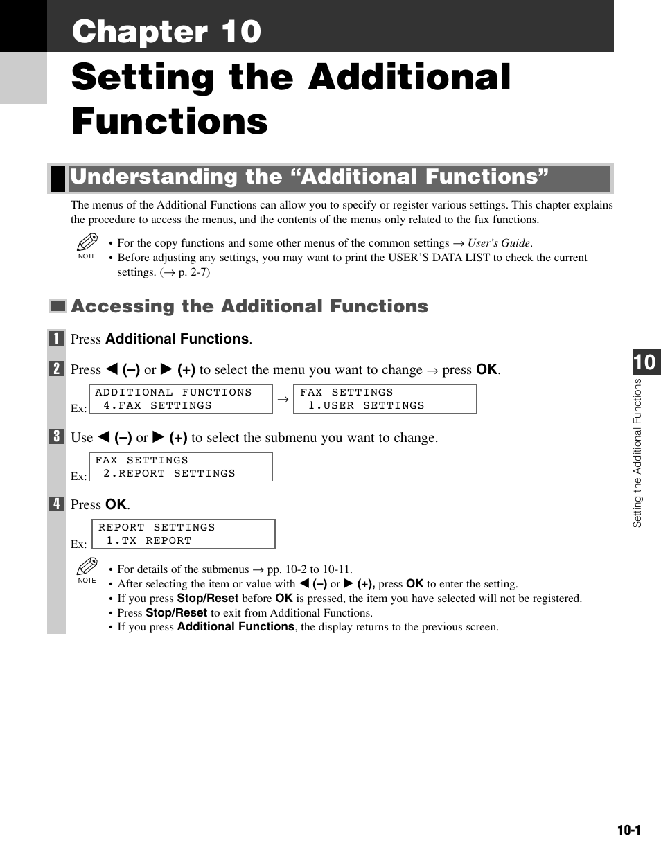 Chapter 10 setting the additional functions, Understanding the “additional functions, Setting the additional functions | Chapter 10, Accessing the additional functions | Canon FAX-L400 User Manual | Page 88 / 110