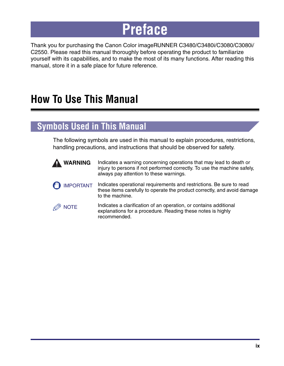 Preface, How to use this manual, Symbols used in this manual | Canon C2550 User Manual | Page 11 / 234