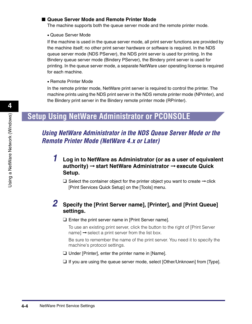 Setup using netware administrator or pconsole, Setup using netware administrator or pconsole -4, Remote printer mode (netware 4.x or later) -4 | Canon C2550 User Manual | Page 114 / 234