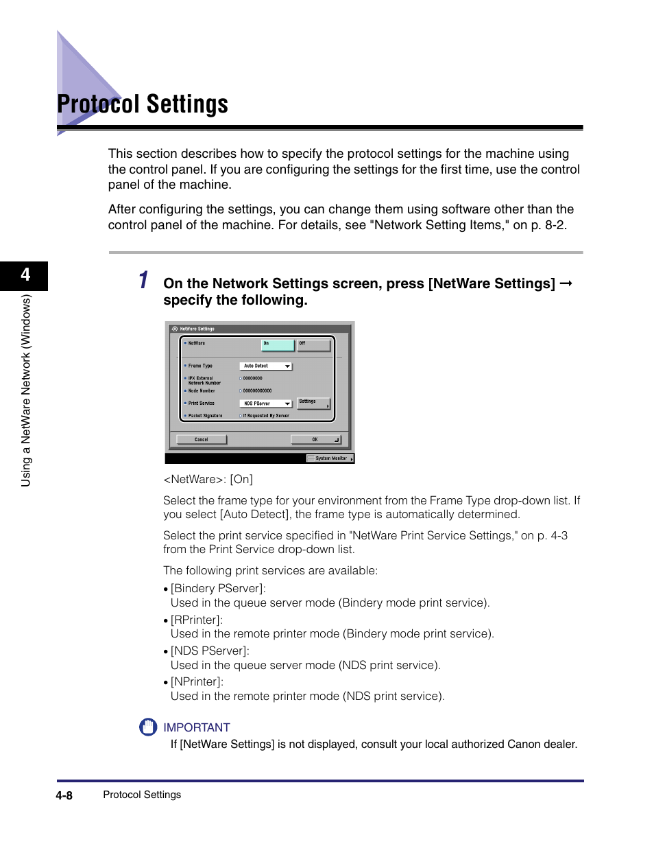 Protocol settings, Protocol settings -8, Ol settings (see "protocol settings," on p. 4-8.) | Canon C2550 User Manual | Page 118 / 234