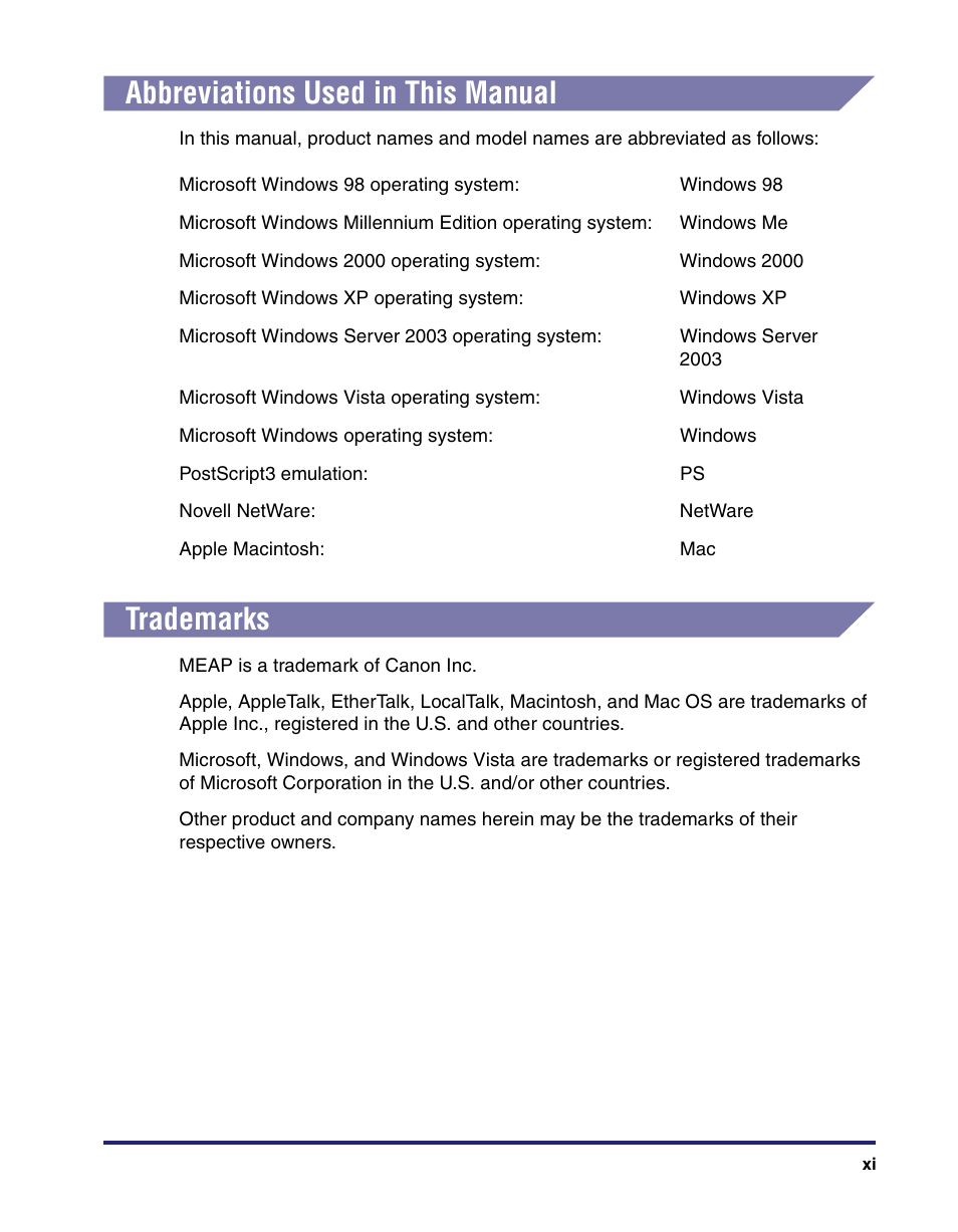 Abbreviations used in this manual, Trademarks | Canon C2550 User Manual | Page 13 / 234