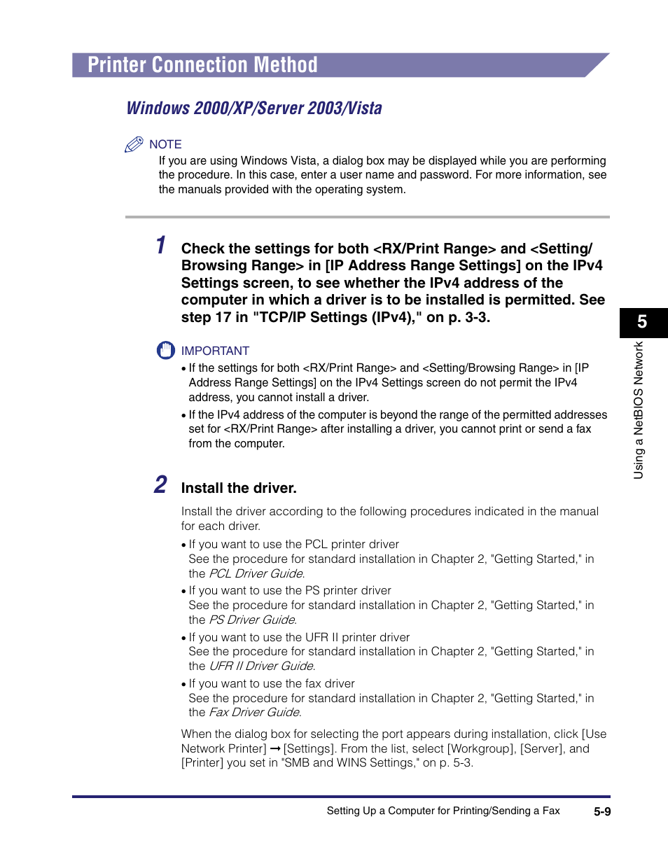 Printer connection method, Printer connection method -9, Windows 2000/xp/server 2003/vista -9 | Canon C2550 User Manual | Page 135 / 234