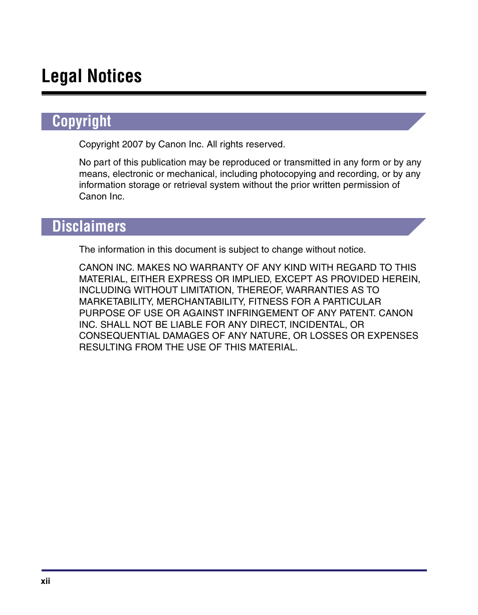 Legal notices, Copyright, Disclaimers | Canon C2550 User Manual | Page 14 / 234