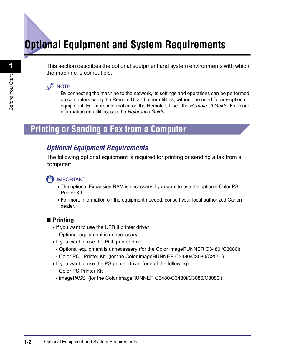 Optional equipment and system requirements, Printing or sending a fax from a computer, Optional equipment and system requirements -2 | Printing or sending a fax from a computer -2, Optional equipment requirements -2, Optional equipment requirements | Canon C2550 User Manual | Page 16 / 234