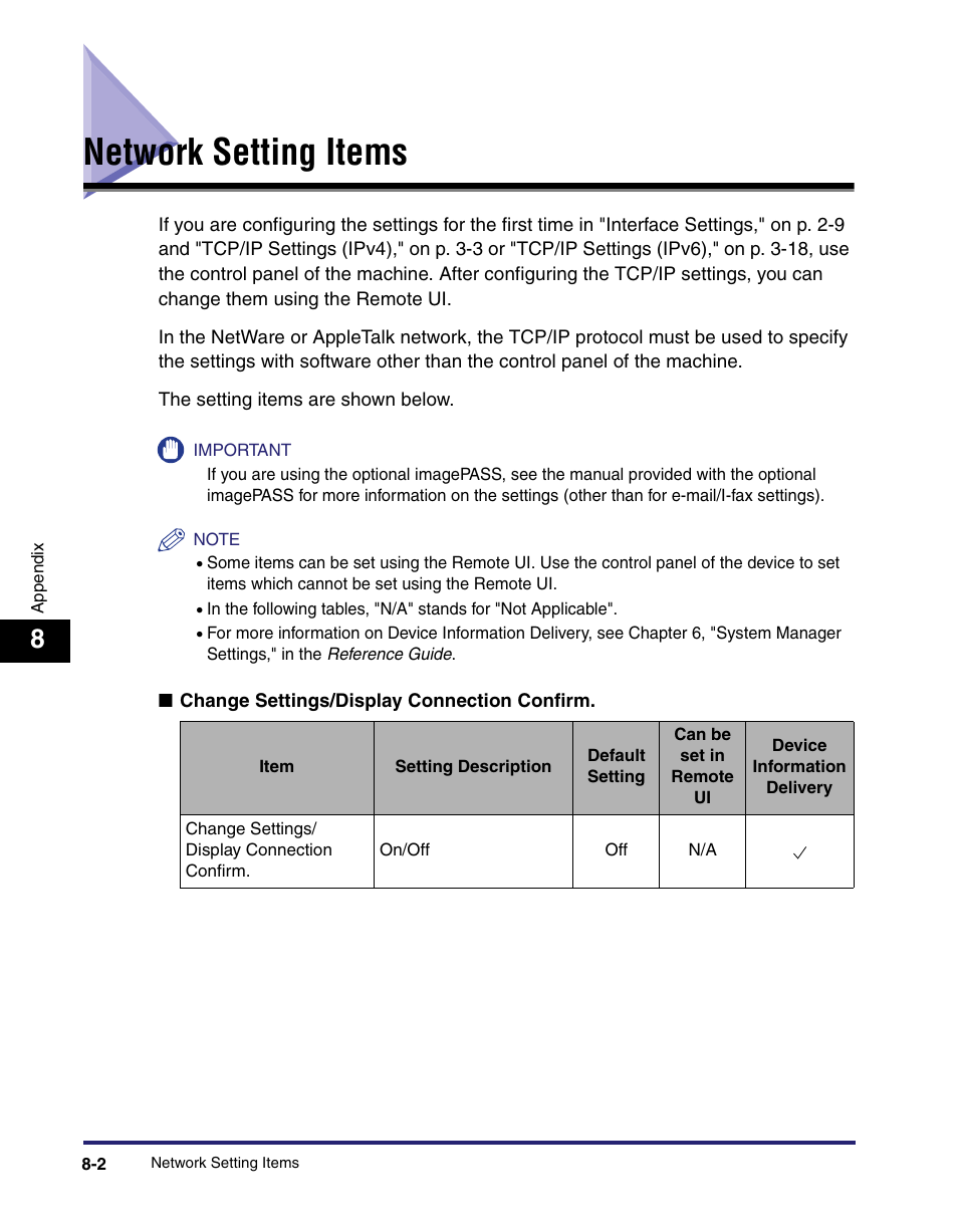 Network setting items, Network setting items -2, See "network setting items | P. 8-2 | Canon C2550 User Manual | Page 174 / 234