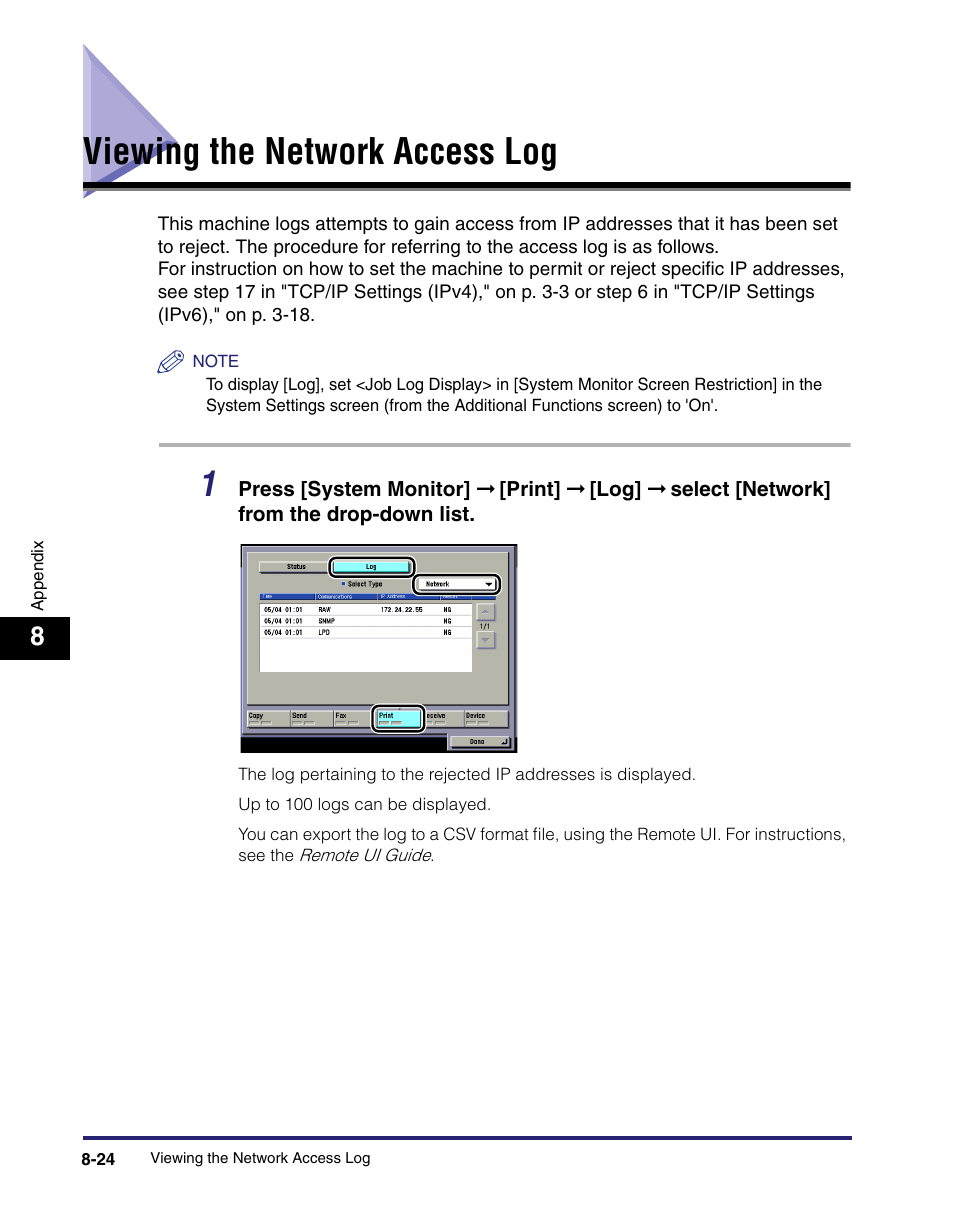 Viewing the network access log, Viewing the network access log -24 | Canon C2550 User Manual | Page 196 / 234