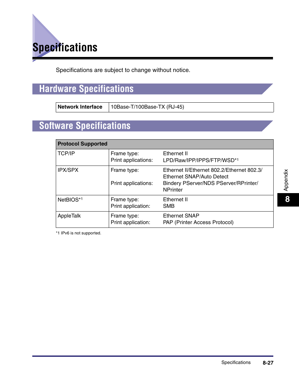 Specifications, Hardware specifications, Software specifications | Specifications -27, Hardware specifications -27, Software specifications -27 | Canon C2550 User Manual | Page 199 / 234