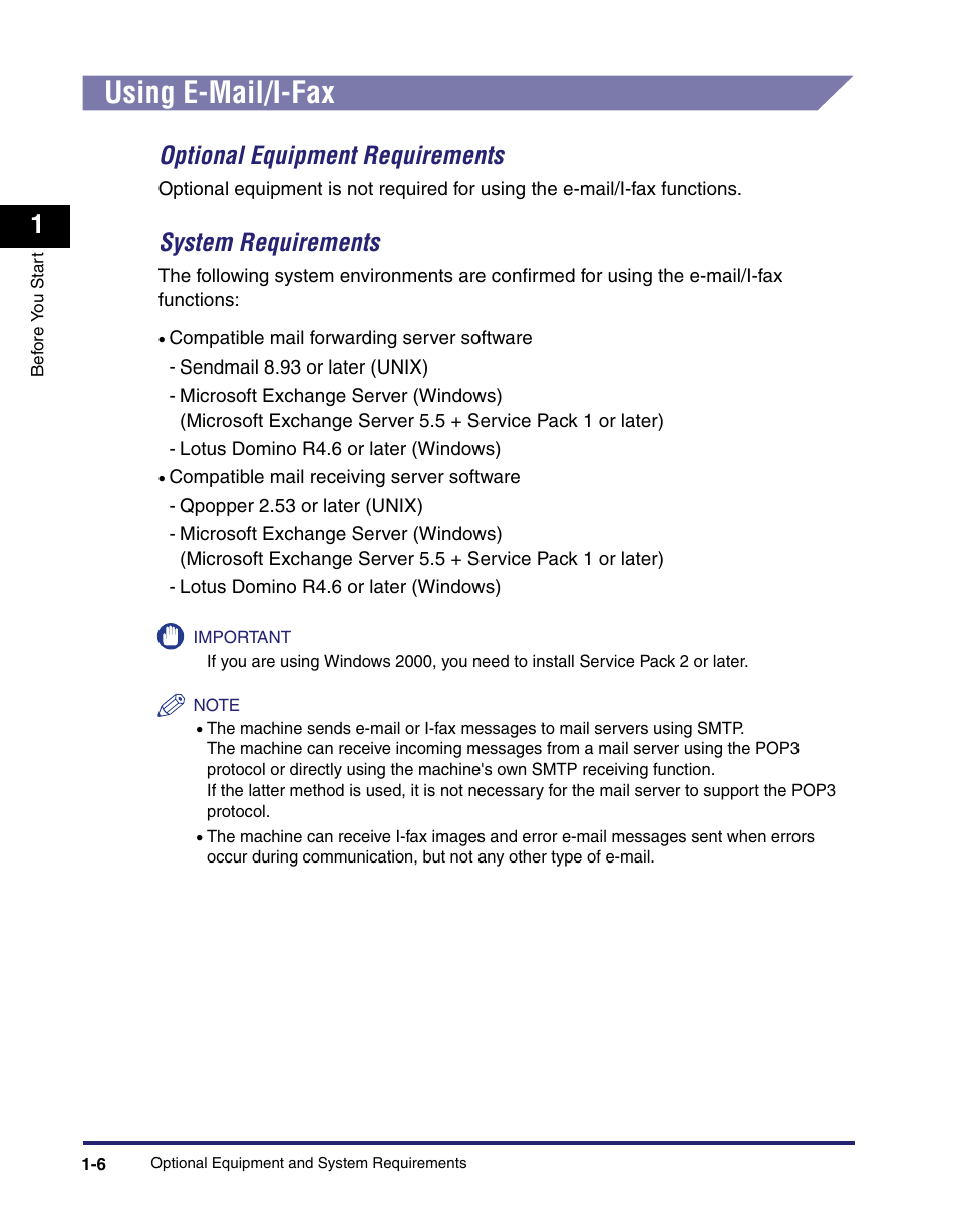 Using e-mail/i-fax, Using e-mail/i-fax -6, Optional equipment requirements -6 | System requirements -6, Optional equipment requirements, System requirements | Canon C2550 User Manual | Page 20 / 234