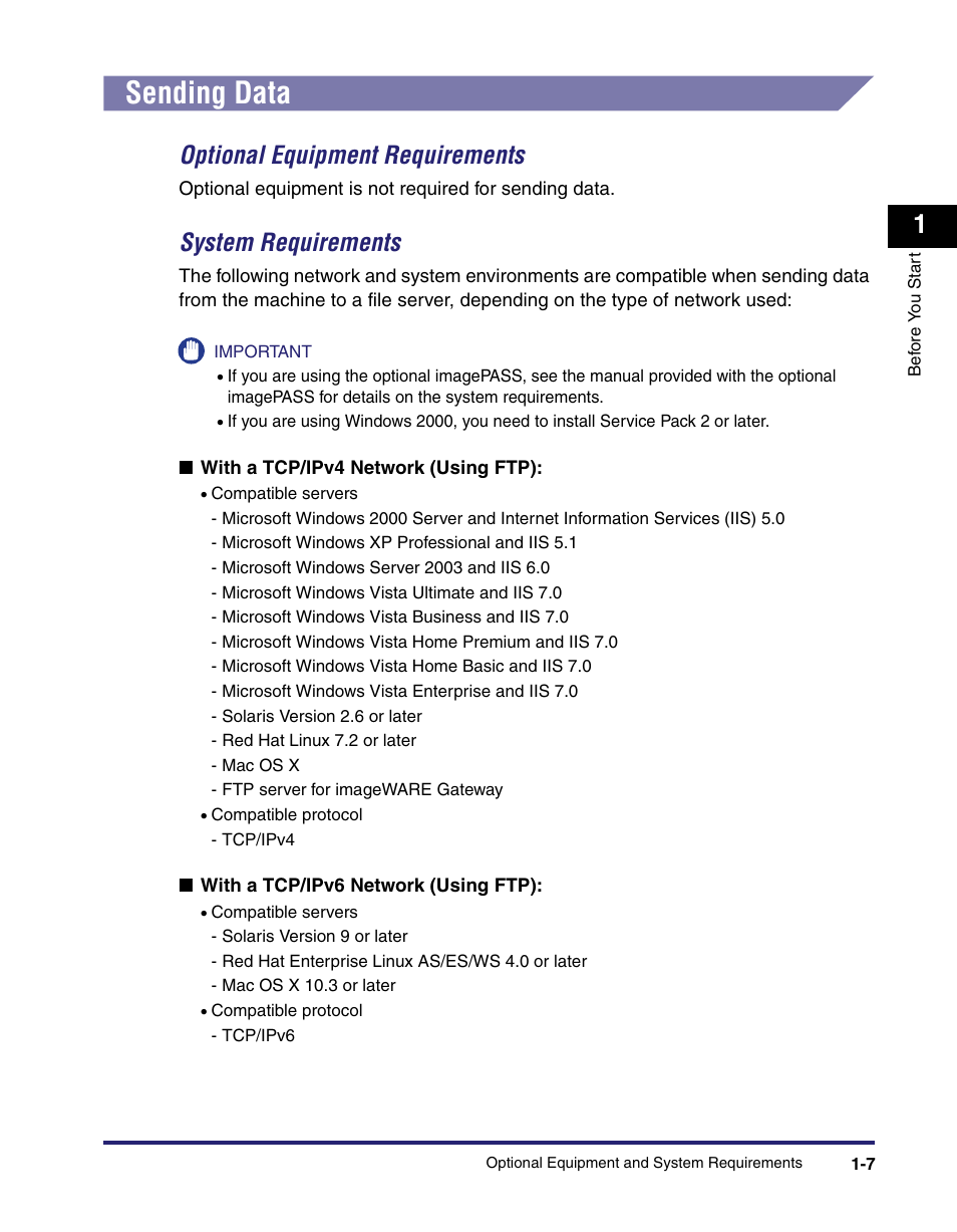 Sending data, Sending data -7, Optional equipment requirements -7 | System requirements -7, Optional equipment requirements, System requirements | Canon C2550 User Manual | Page 21 / 234