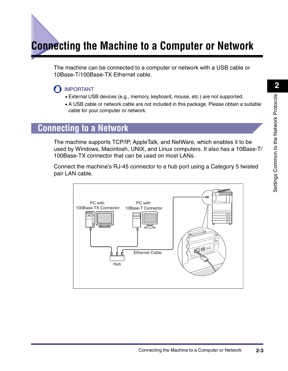Connecting the machine to a computer or network, Connecting to a network, Connecting the machine to a computer or network -3 | Connecting to a network -3 | Canon C2550 User Manual | Page 29 / 234