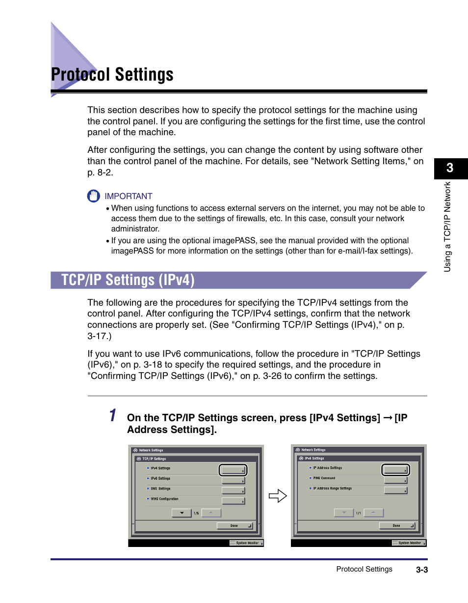 Protocol settings, Tcp/ip settings (ipv4), Protocol settings -3 | Tcp/ip settings (ipv4) -3, 3 or, Ol settings (see "protocol settings," on p. 3-3.) | Canon C2550 User Manual | Page 45 / 234