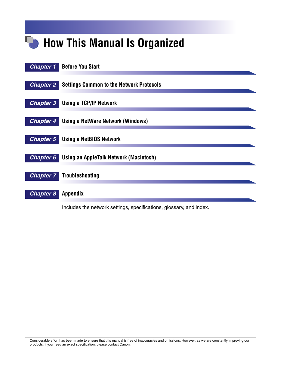 How this manual is organized, Chapter 1 before you start, Chapter 2 settings common to the network protocols | Chapter 3 using a tcp/ip network, Chapter 4 using a netware network (windows), Chapter 5 using a netbios network, Chapter 6 using an appletalk network (macintosh), Chapter 7 troubleshooting, Chapter 8 appendix | Canon C2550 User Manual | Page 6 / 234