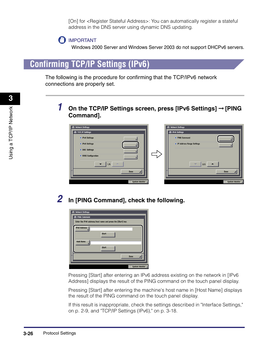 Confirming tcp/ip settings (ipv6), Confirming tcp/ip settings (ipv6) -26, 26 t | Canon C2550 User Manual | Page 68 / 234
