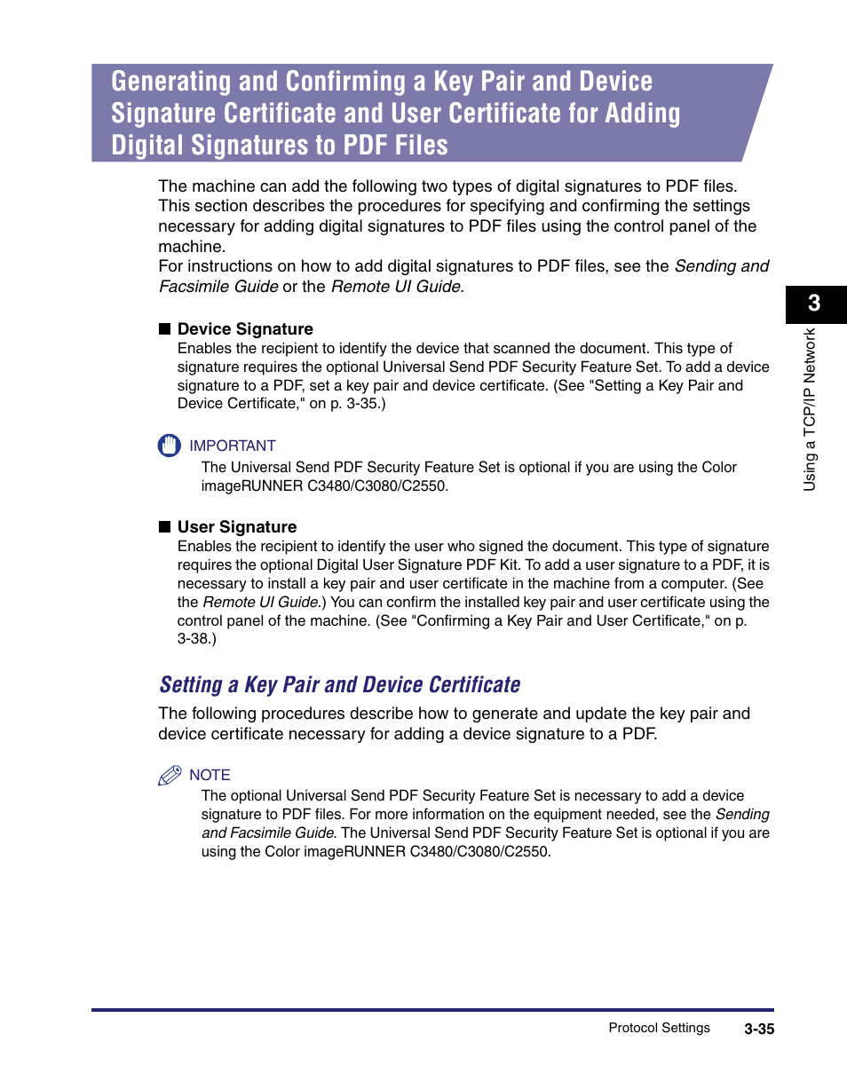 Setting a key pair and device certificate -35, Setting a key pair and device certificate | Canon C2550 User Manual | Page 77 / 234