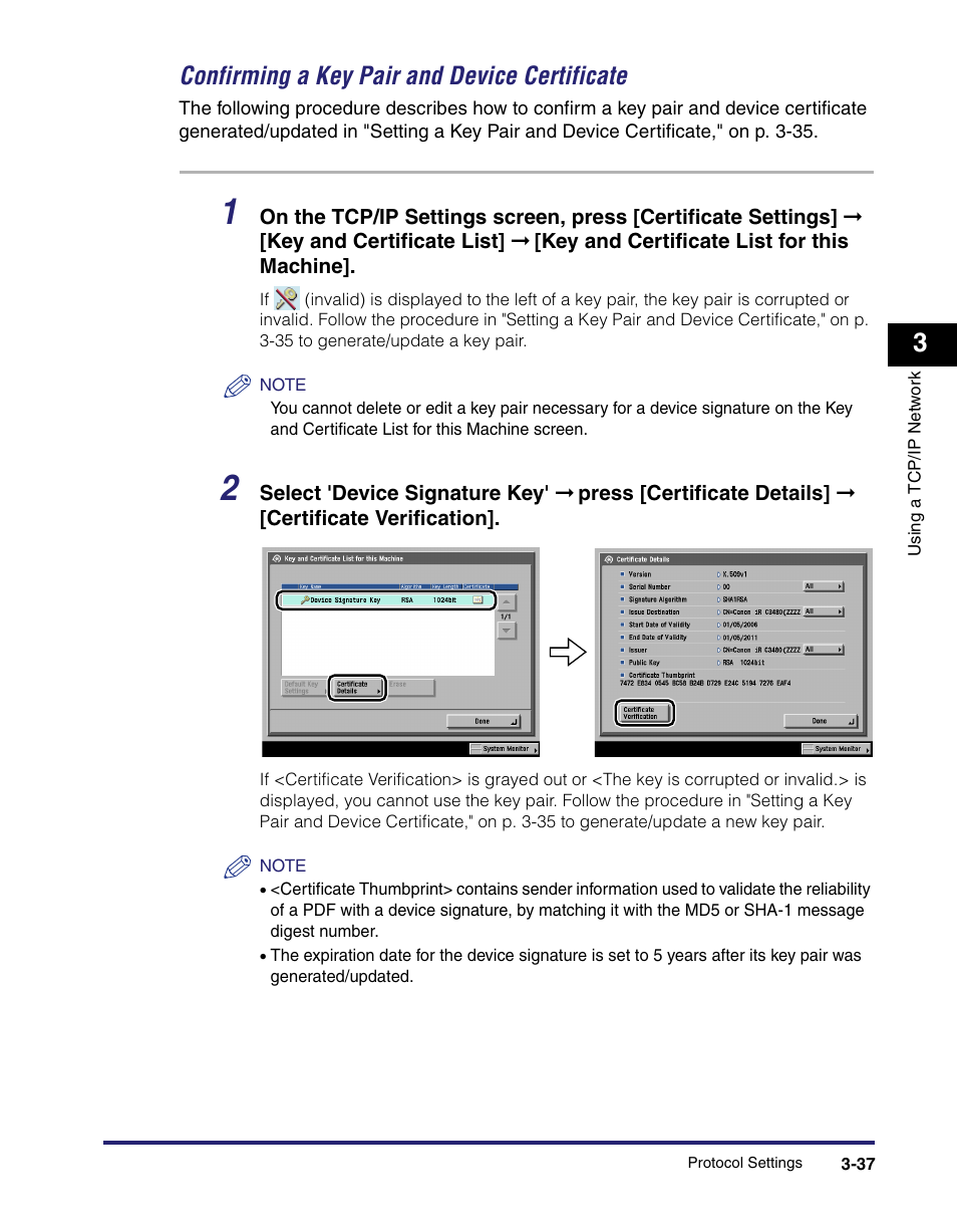 Confirming a key pair and device certificate -37, Confirming a key pair and device certificate | Canon C2550 User Manual | Page 79 / 234