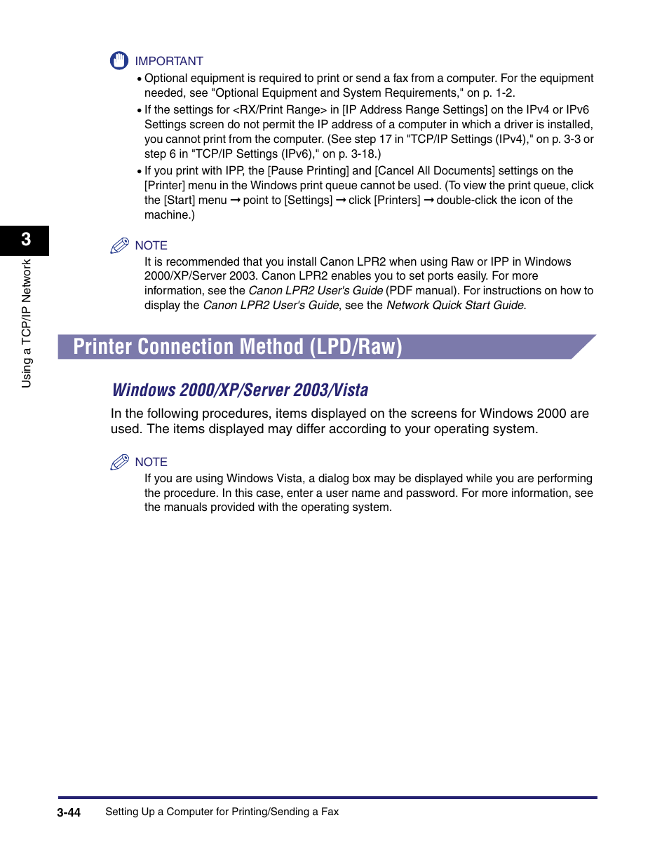 Printer connection method (lpd/raw), Printer connection method (lpd/raw) -44, Windows 2000/xp/server 2003/vista -44 | See "printer connection method (lpd/raw) | Canon C2550 User Manual | Page 86 / 234