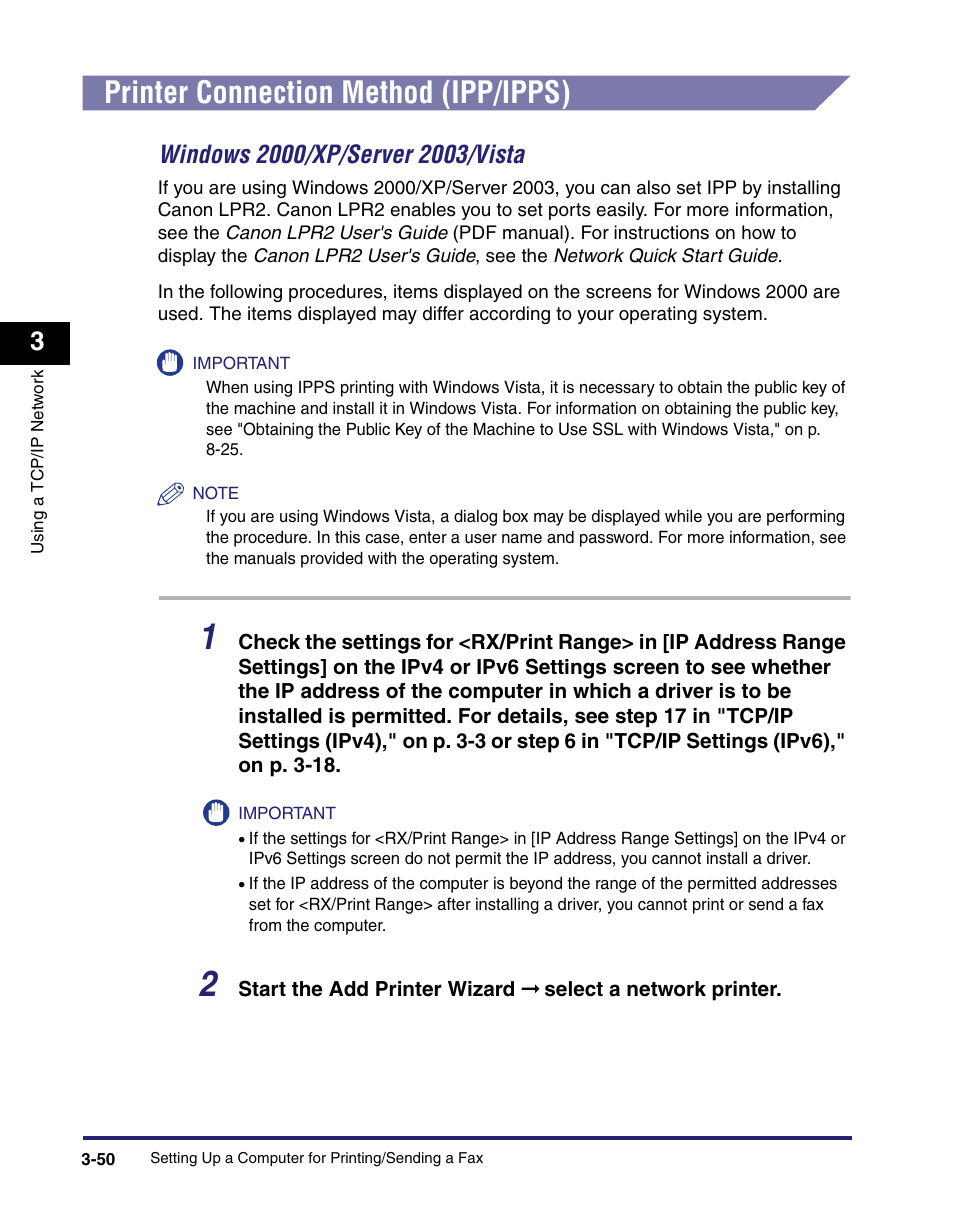 Printer connection method (ipp/ipps), Printer connection method (ipp/ipps) -50, Windows 2000/xp/server 2003/vista -50 | See "printer connection method (ipp/ipps) | Canon C2550 User Manual | Page 92 / 234