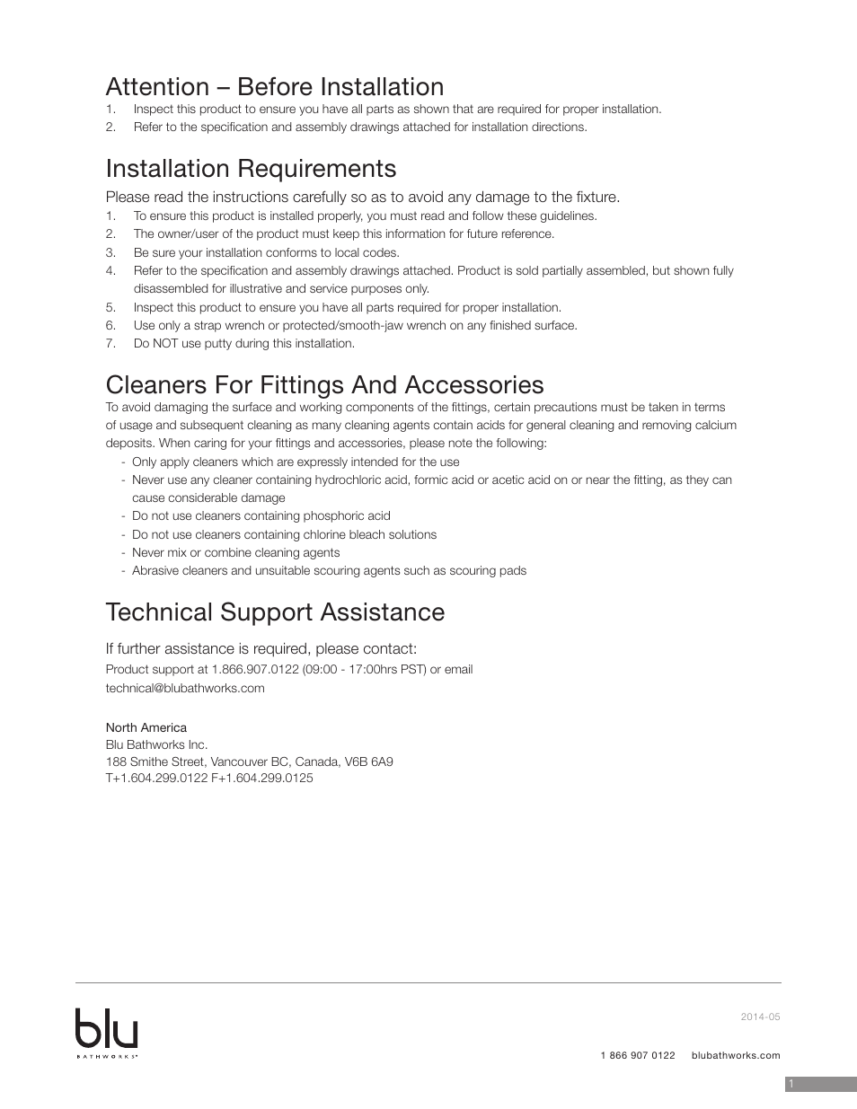 Attention – before installation, Installation requirements, Cleaners for fittings and accessories | Technical support assistance | Blu Bathworks BEP012 User Manual | Page 2 / 7