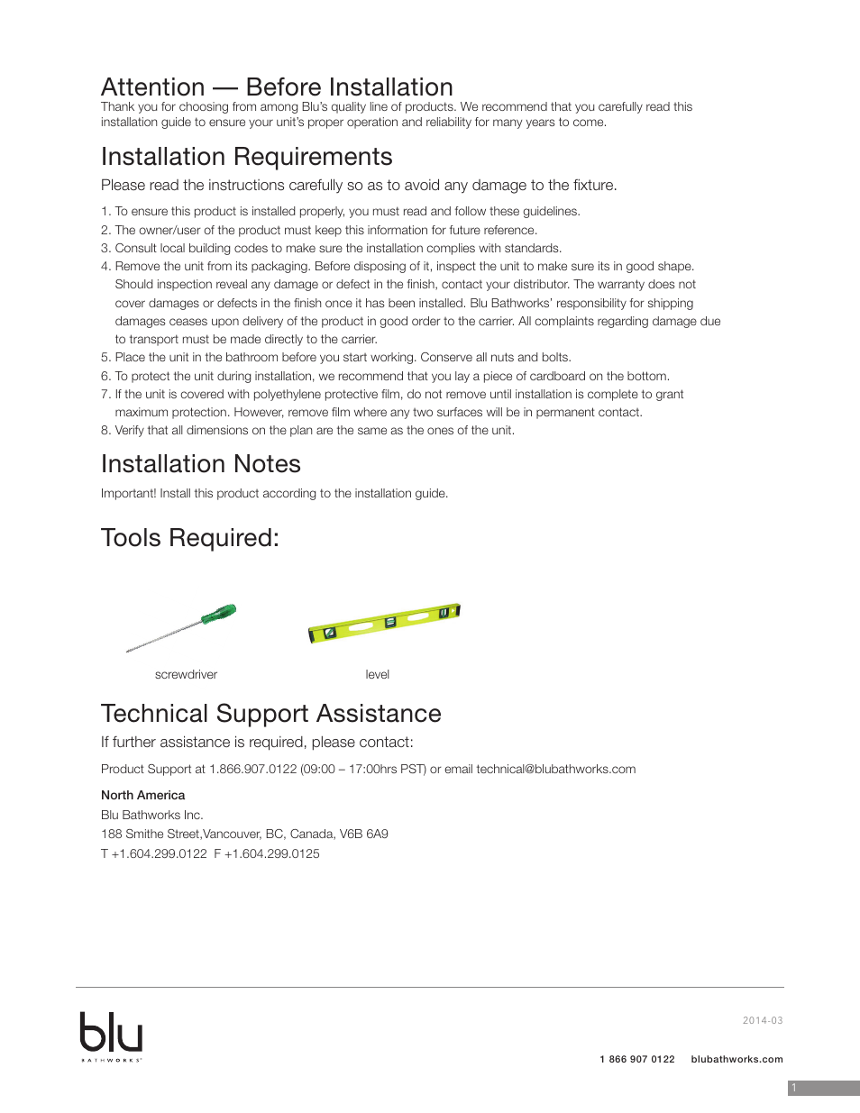 Attention — before installation, Installation requirements, Tools required: technical support assistance | Blu Bathworks BCM4209 User Manual | Page 2 / 6