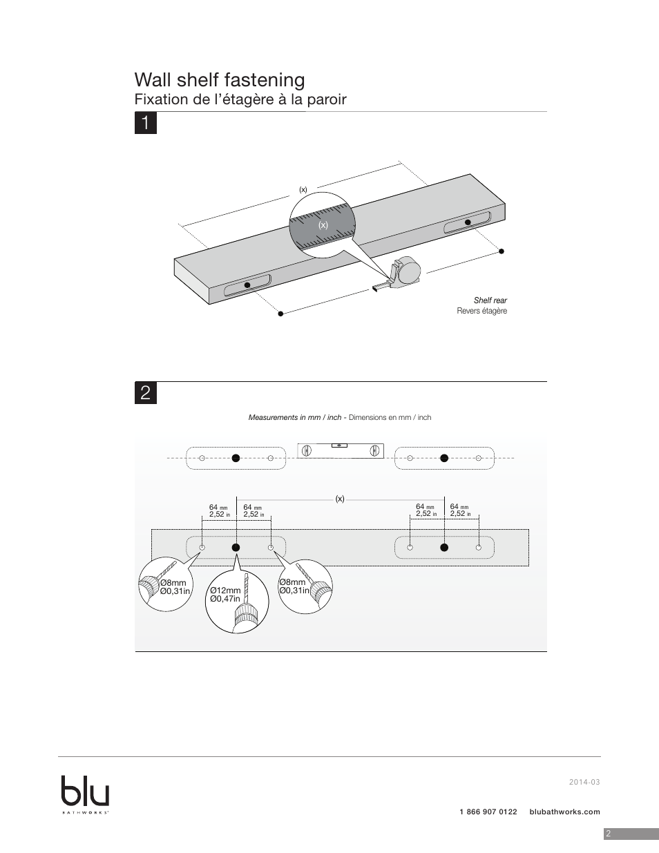 Wall shelf fastening, Fixation de l’étagère à la paroir | Blu Bathworks BCM4209 User Manual | Page 3 / 6