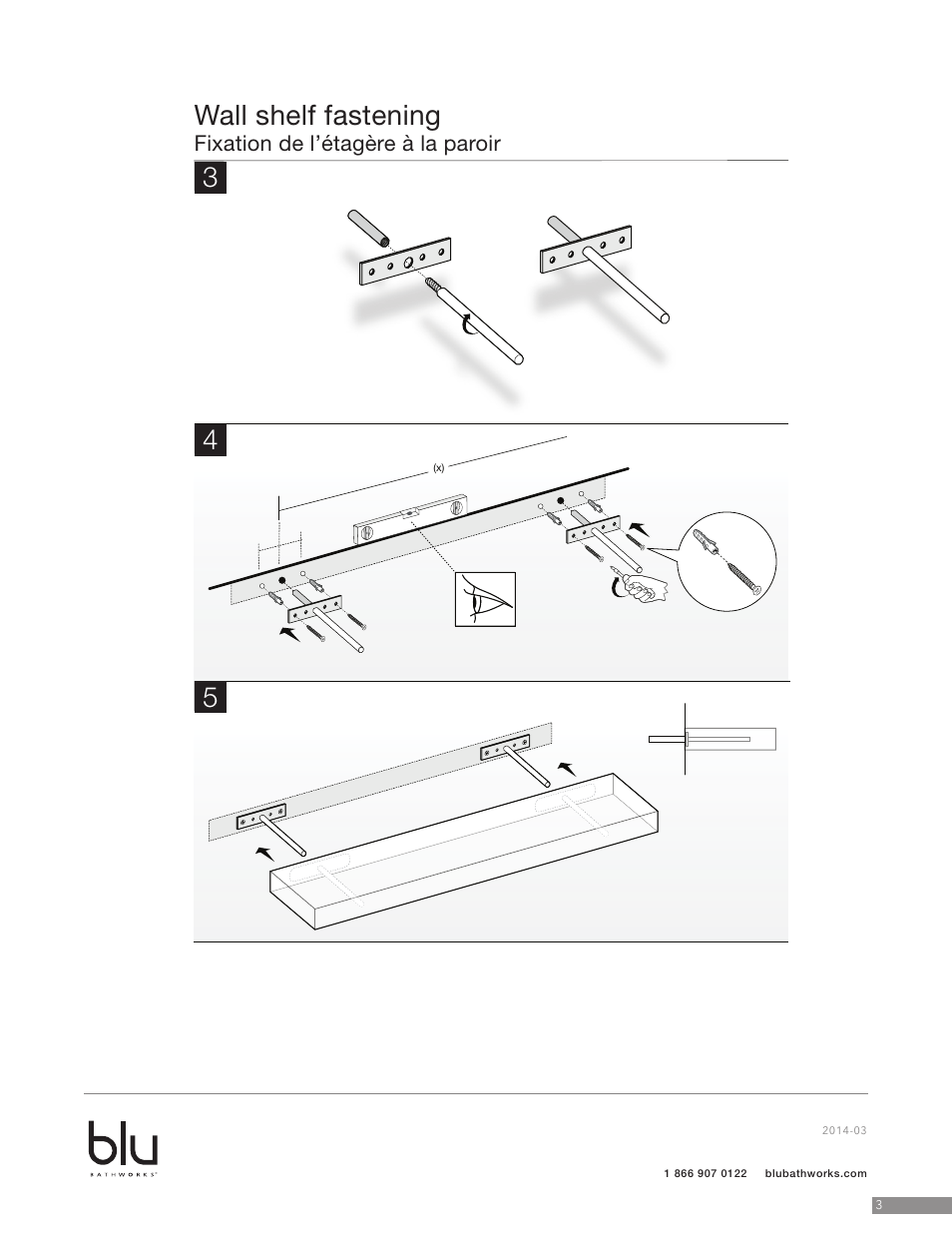 Wall shelf fastening, Fixation de l’étagère à la paroir | Blu Bathworks BCM4209 User Manual | Page 4 / 6