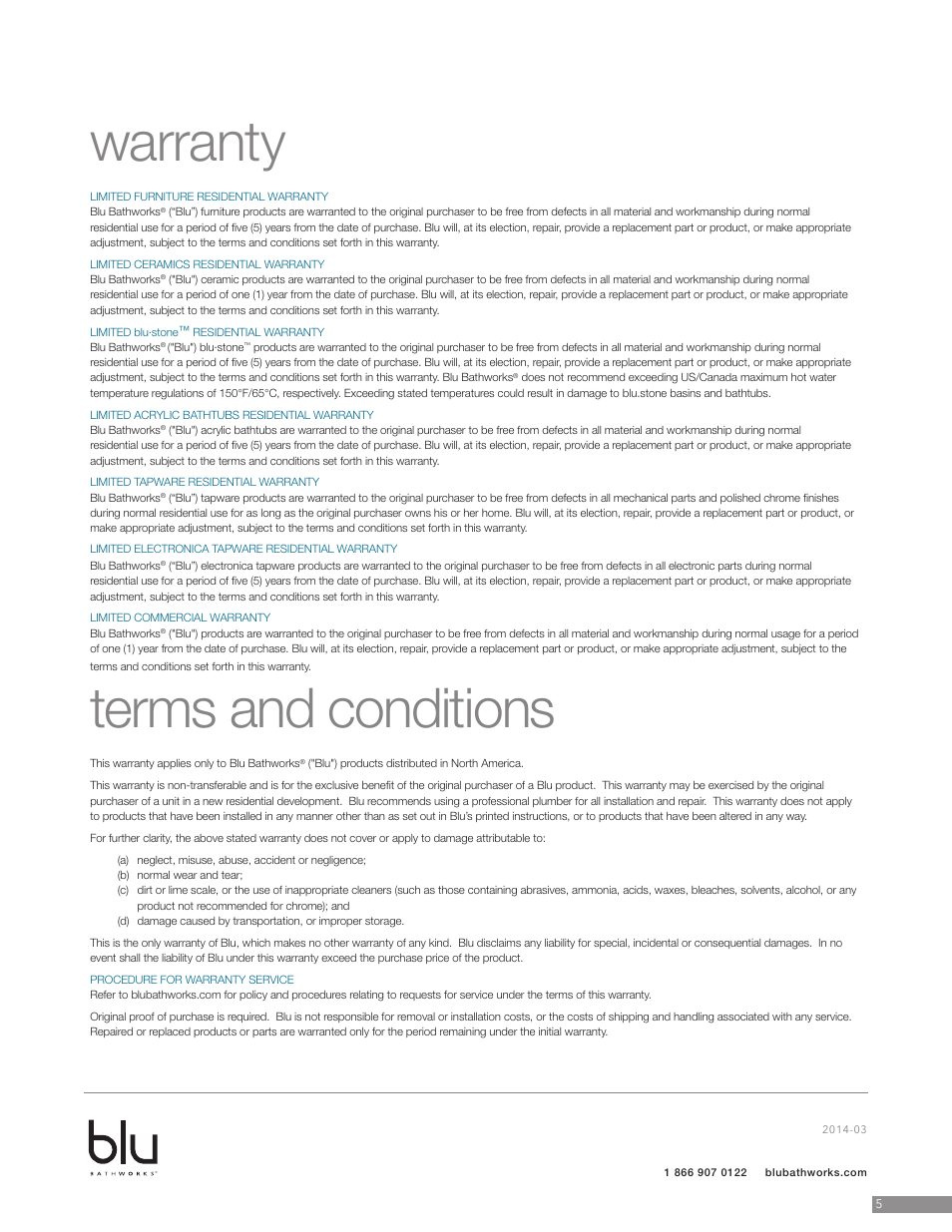 Warranty terms and conditions | Blu Bathworks BCM4209 User Manual | Page 6 / 6
