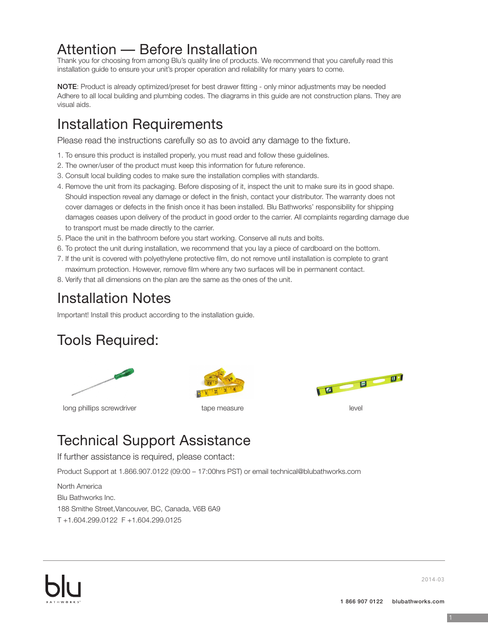 Attention — before installation, Installation requirements, Tools required: technical support assistance | Blu Bathworks BCA961M User Manual | Page 2 / 9