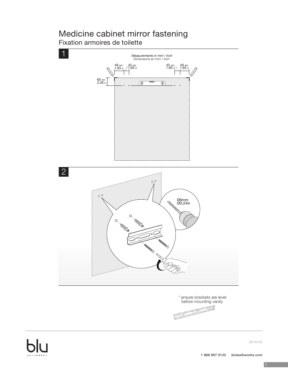 Medicine cabinet mirror fastening, Fixation armoires de toilette | Blu Bathworks BCA961M User Manual | Page 4 / 9