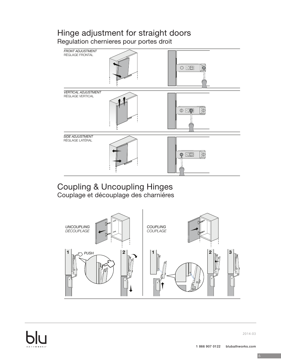 Hinge adjustment for straight doors, Coupling & uncoupling hinges, Regulation chernieres pour portes droit | Couplage et découplage des charniéres | Blu Bathworks BCA961M User Manual | Page 7 / 9