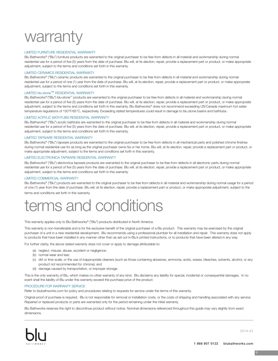 Warranty terms and conditions | Blu Bathworks BCA141ML User Manual | Page 10 / 10