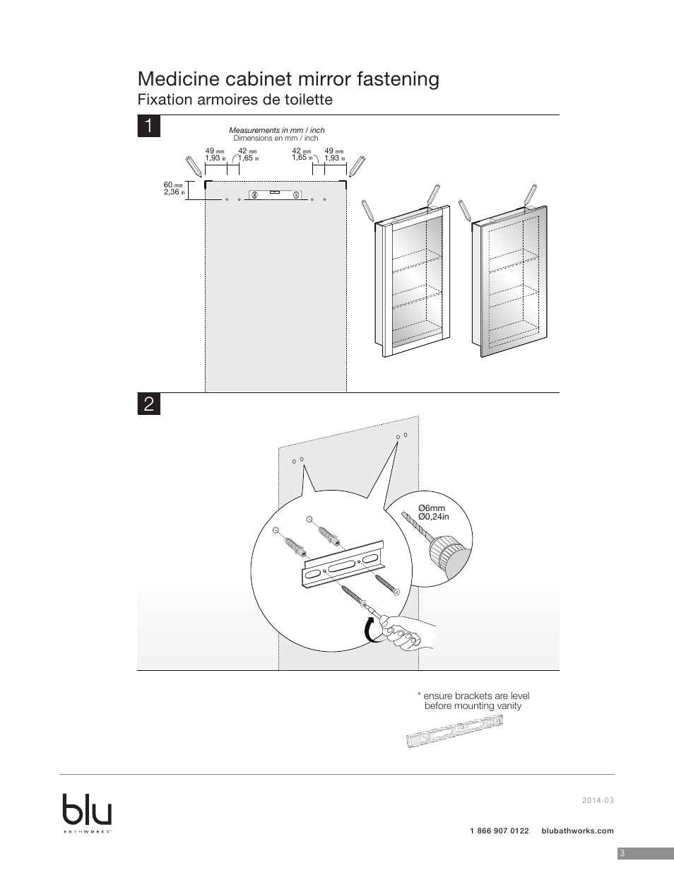 Medicine cabinet mirror fastening, Fixation armoires de toilette | Blu Bathworks BCA141ML User Manual | Page 4 / 10