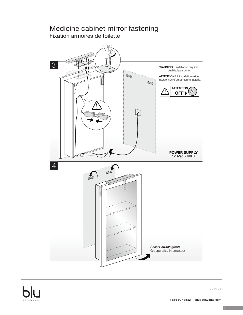 Medicine cabinet mirror fastening, Fixation armoires de toilette | Blu Bathworks BCA141ML User Manual | Page 5 / 10