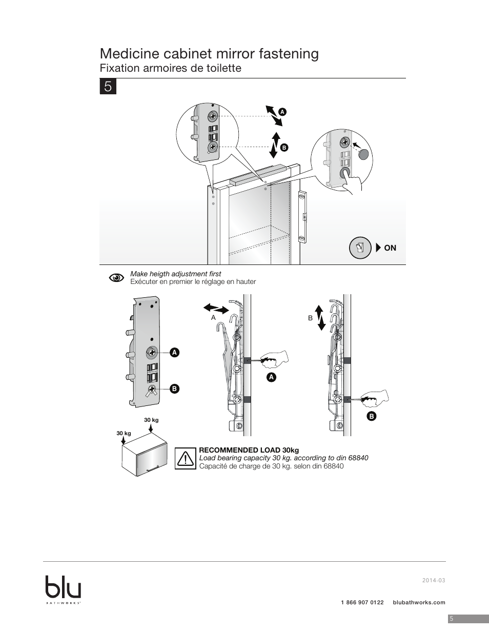 Medicine cabinet mirror fastening, Fixation armoires de toilette | Blu Bathworks BCA141ML User Manual | Page 6 / 10