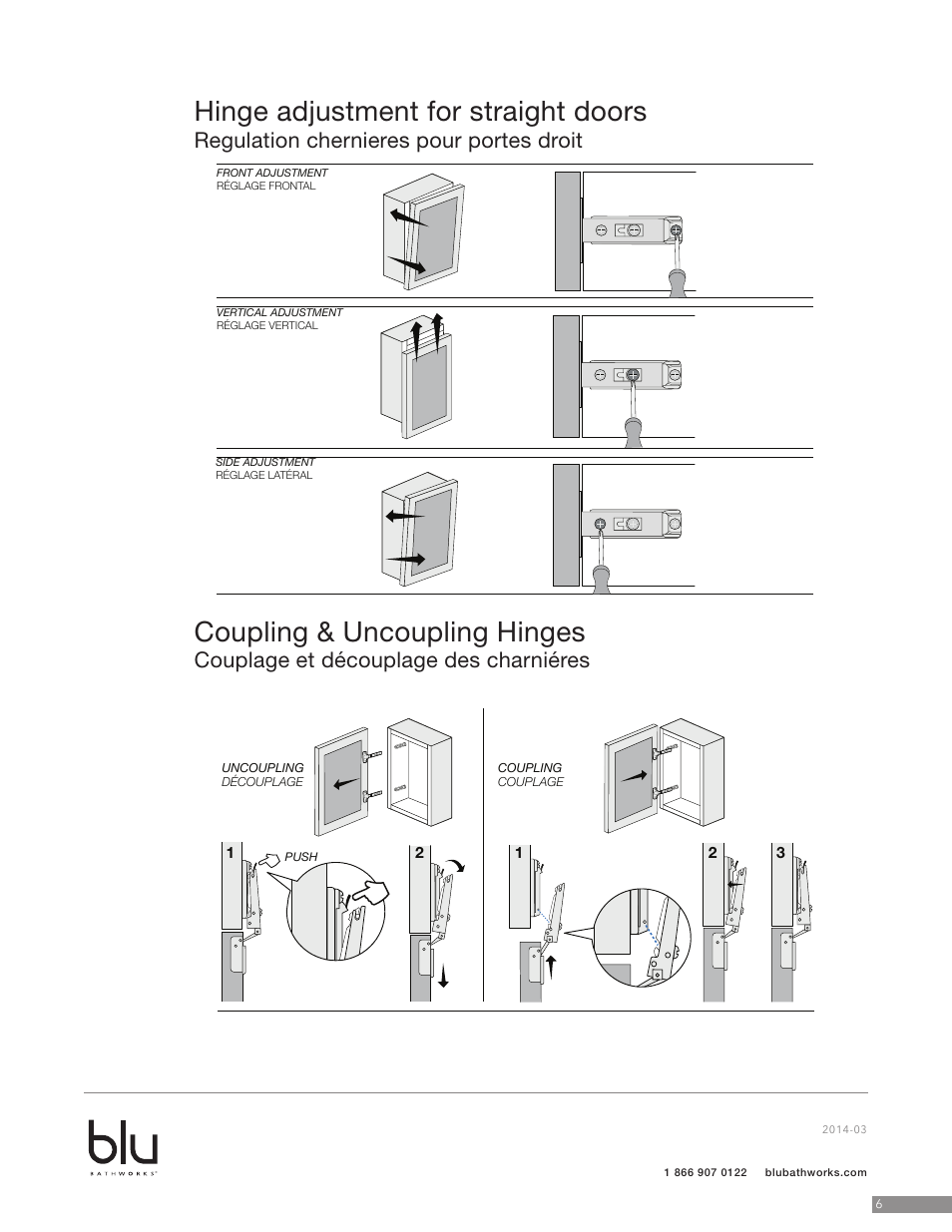 Hinge adjustment for straight doors, Coupling & uncoupling hinges, Regulation chernieres pour portes droit | Couplage et découplage des charniéres | Blu Bathworks BCA141ML User Manual | Page 7 / 10
