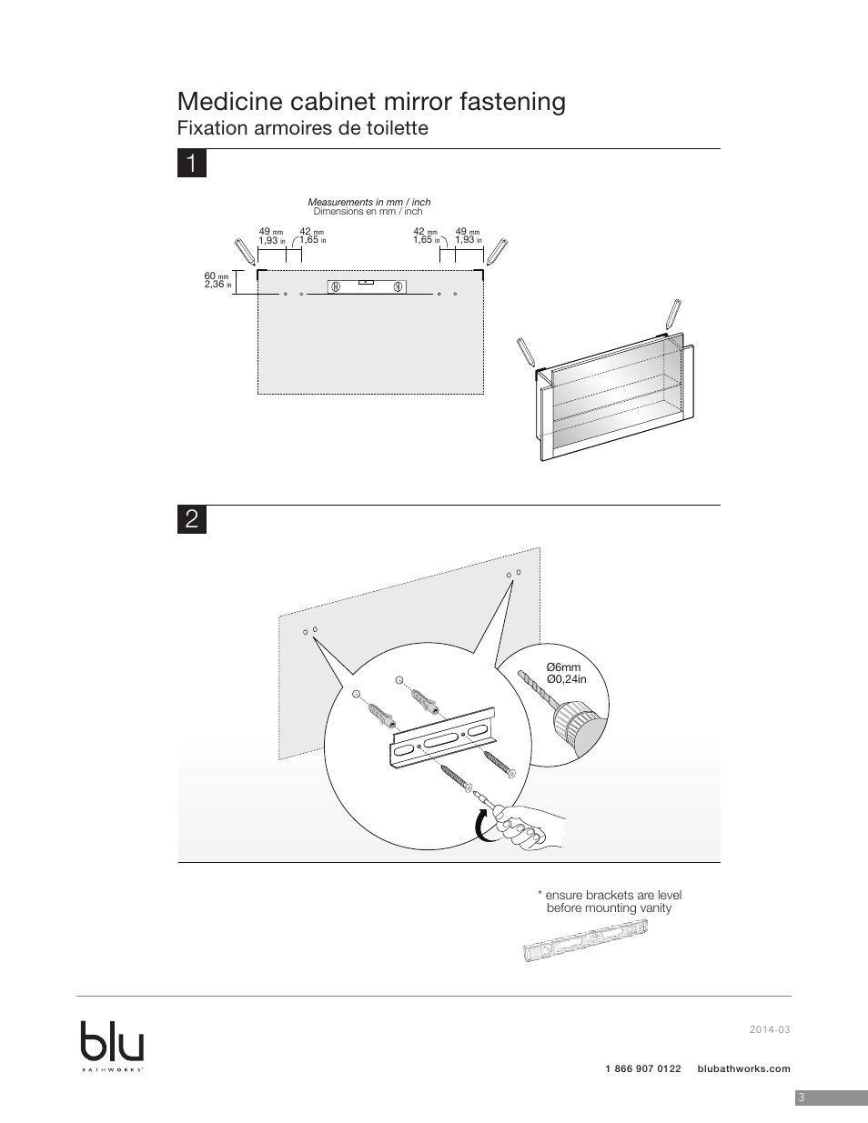 Medicine cabinet mirror fastening, Fixation armoires de toilette | Blu Bathworks BCS90N User Manual | Page 4 / 10