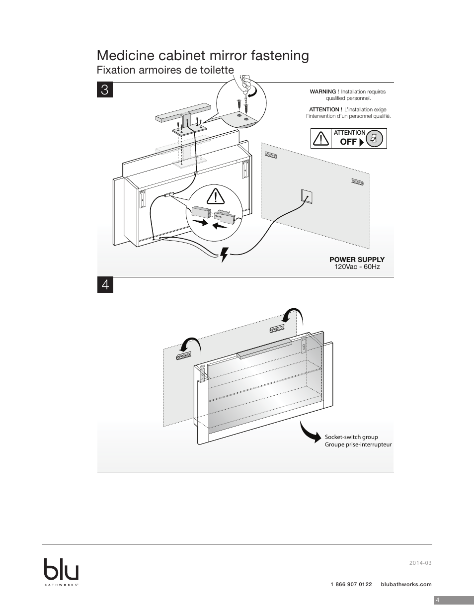 Medicine cabinet mirror fastening, Fixation armoires de toilette | Blu Bathworks BCS90N User Manual | Page 5 / 10