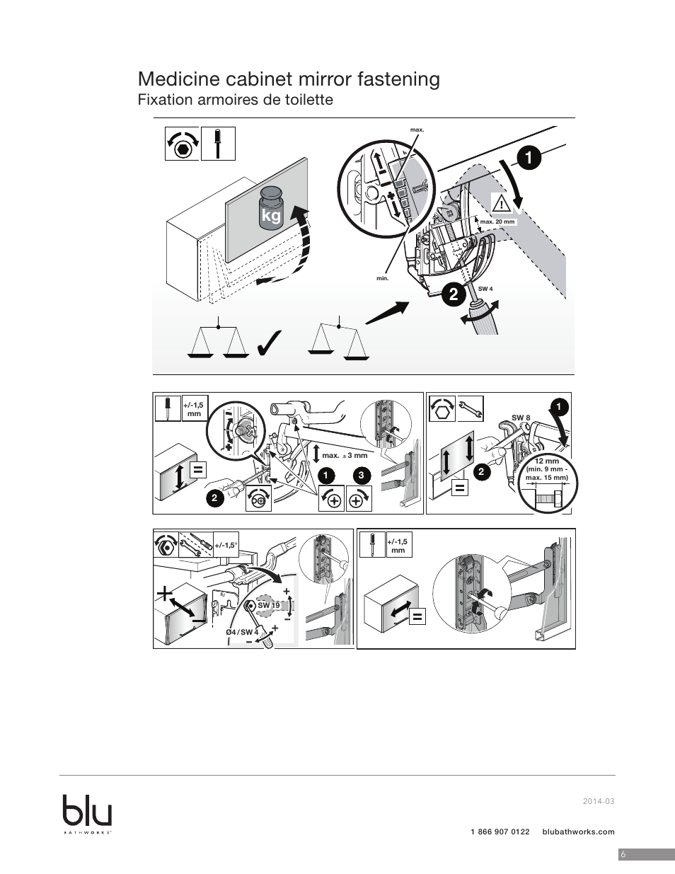 Medicine cabinet mirror fastening, Fixation armoires de toilette | Blu Bathworks BCS90N User Manual | Page 7 / 10