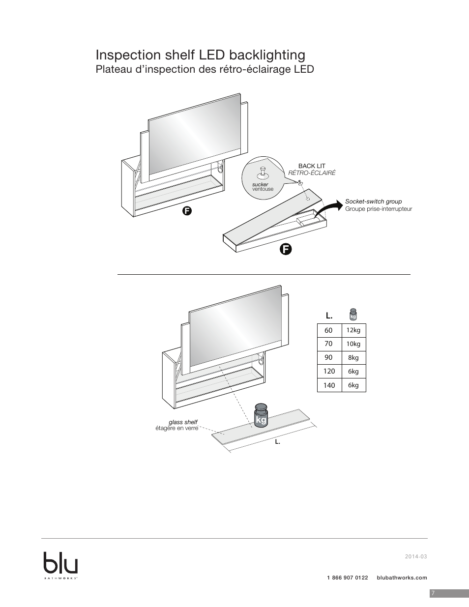 Inspection shelf led backlighting, Plateau d’inspection des rétro-éclairage led | Blu Bathworks BCS90N User Manual | Page 8 / 10