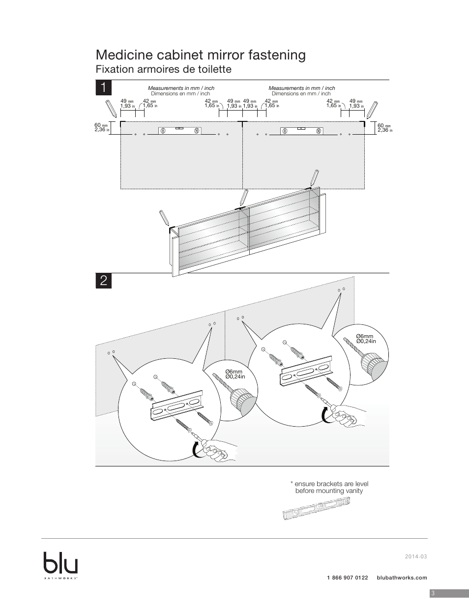 Medicine cabinet mirror fastening, Fixation armoires de toilette | Blu Bathworks BCS18N User Manual | Page 4 / 10