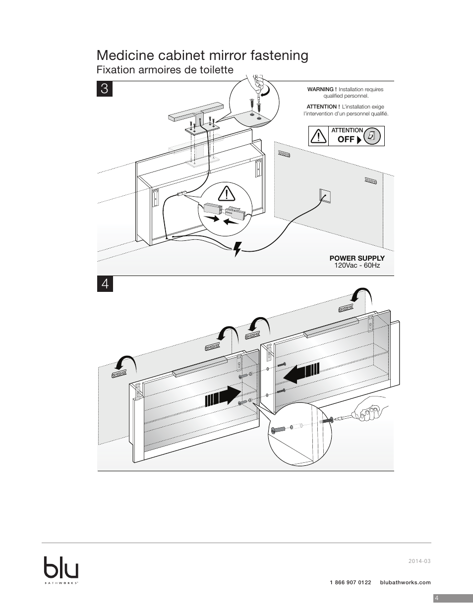 Medicine cabinet mirror fastening, Fixation armoires de toilette | Blu Bathworks BCS18N User Manual | Page 5 / 10