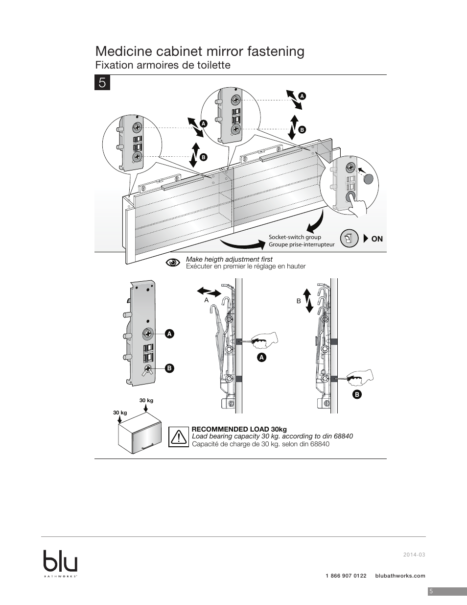 Medicine cabinet mirror fastening, Fixation armoires de toilette | Blu Bathworks BCS18N User Manual | Page 6 / 10