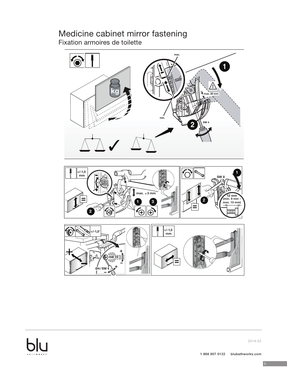Medicine cabinet mirror fastening, Fixation armoires de toilette | Blu Bathworks BCS18N User Manual | Page 7 / 10
