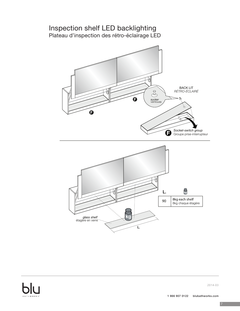 Inspection shelf led backlighting, Plateau d’inspection des rétro-éclairage led, Kg l | Blu Bathworks BCS18N User Manual | Page 8 / 10