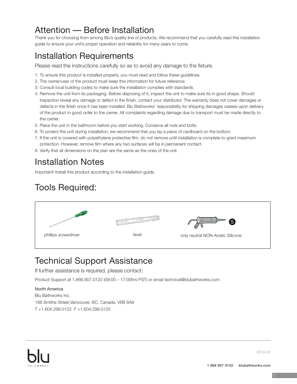 Attention — before installation, Installation requirements, Tools required: technical support assistance | Blu Bathworks BCT060 User Manual | Page 2 / 6