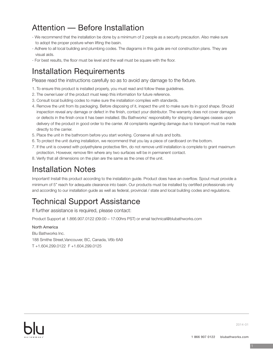 Attention — before installation, Installation requirements, Technical support assistance | Blu Bathworks SA0600 User Manual | Page 2 / 6