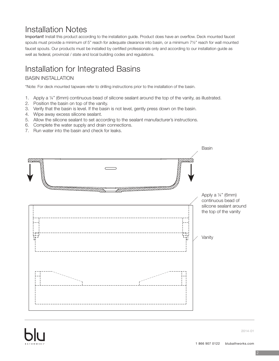 Installation for integrated basins | Blu Bathworks SA0600 User Manual | Page 3 / 6