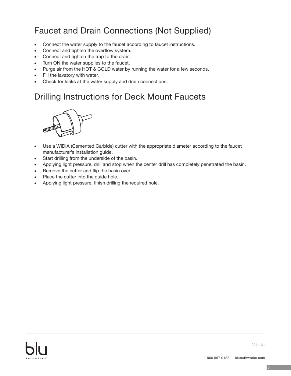 Faucet and drain connections (not supplied), Drilling instructions for deck mount faucets | Blu Bathworks SA0600 User Manual | Page 4 / 6