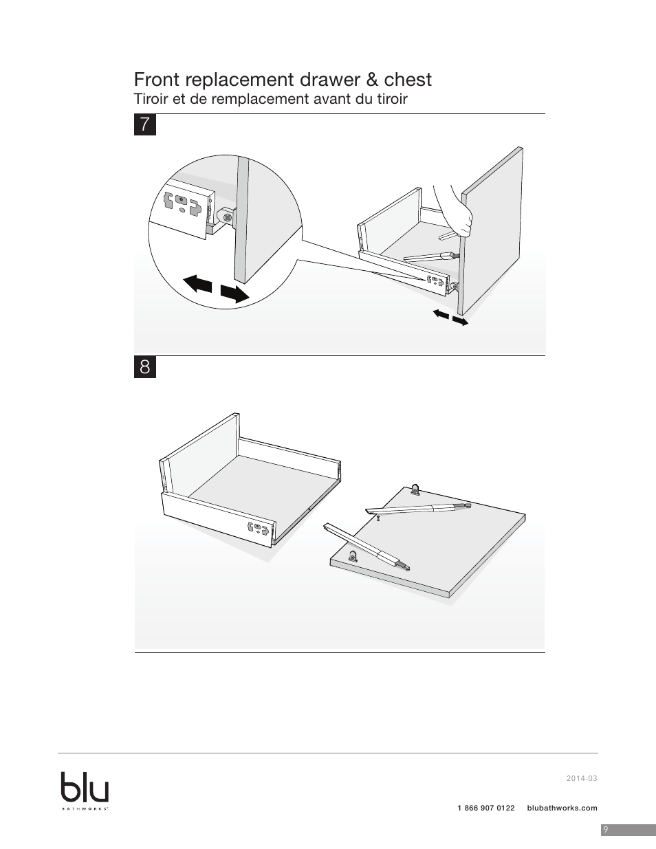 Front replacement drawer & chest, Tiroir et de remplacement avant du tiroir | Blu Bathworks BCZ615C User Manual | Page 10 / 13